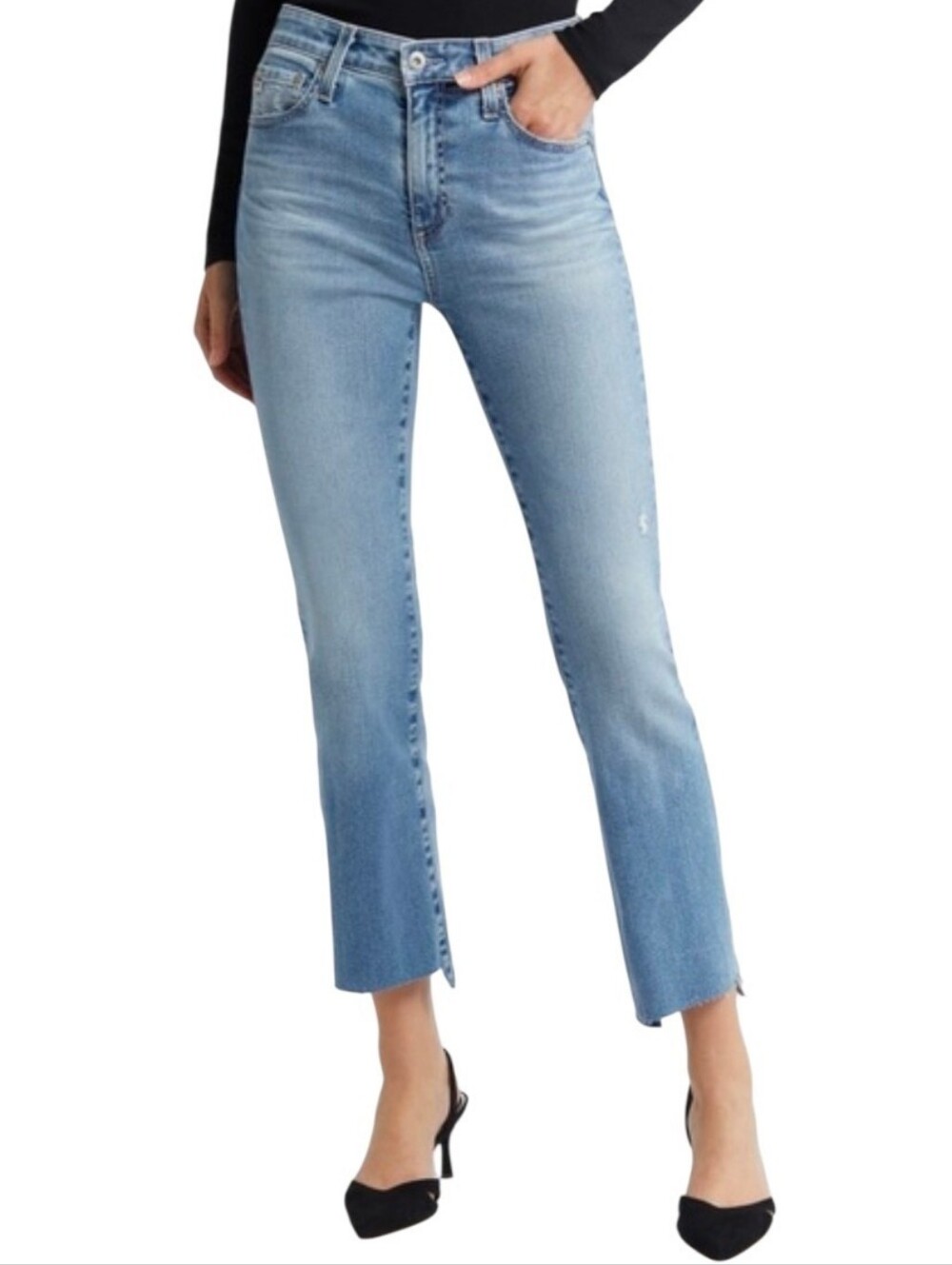 AG Adriano Goldschmied Farrah High Rise Boot Crop Distressed Jean Step Hem 26